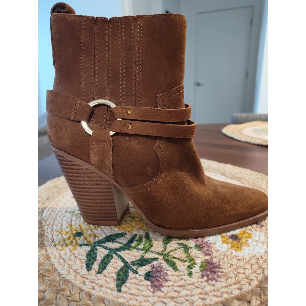 Aldo Brown Suede Ankle Boots Harness Ring Detail Block Heel Pointed Toe Womens 7